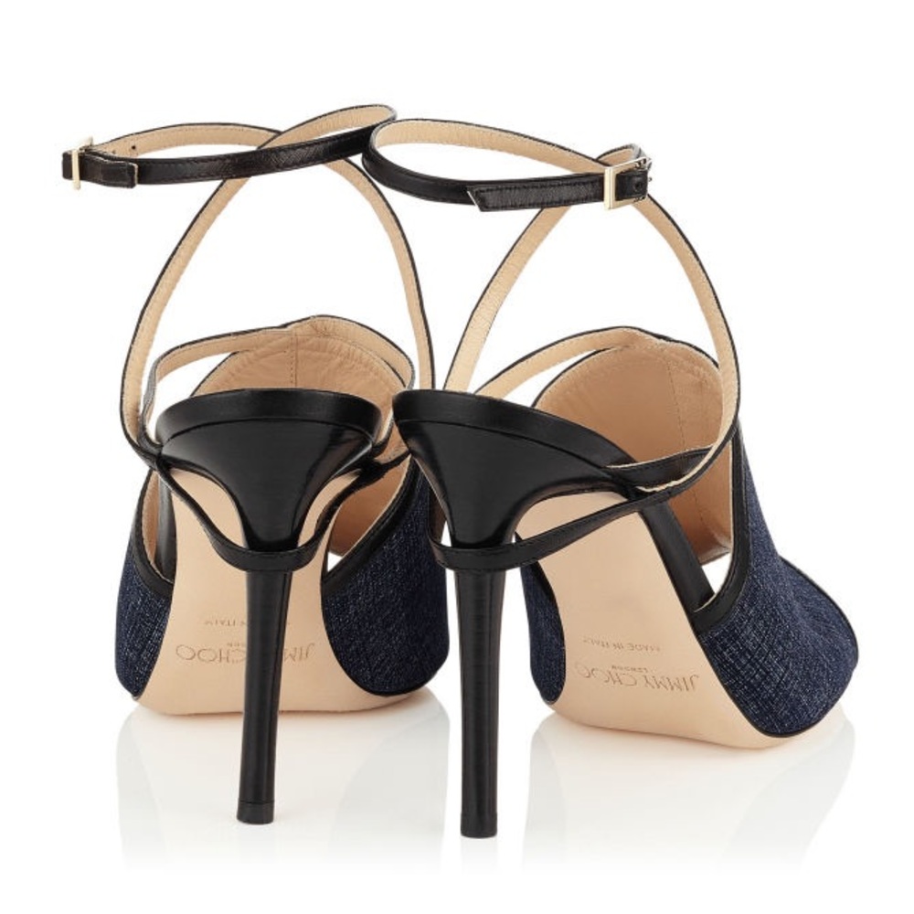 New JIMMY CHOO Flora Leather-trimmed Denim Sandals - Picture 8 of 8